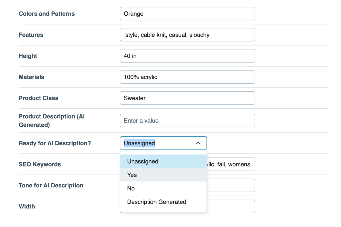How do I use AI to add product descriptions in Entries?