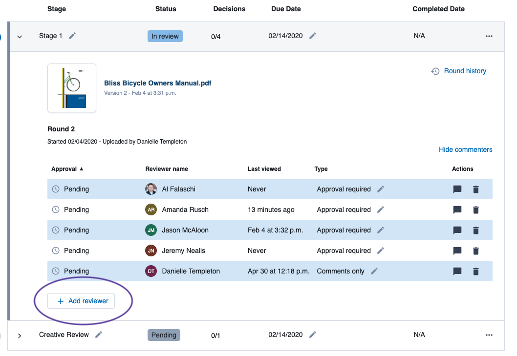 How do I add a reviewer or commenter to a deliverable?